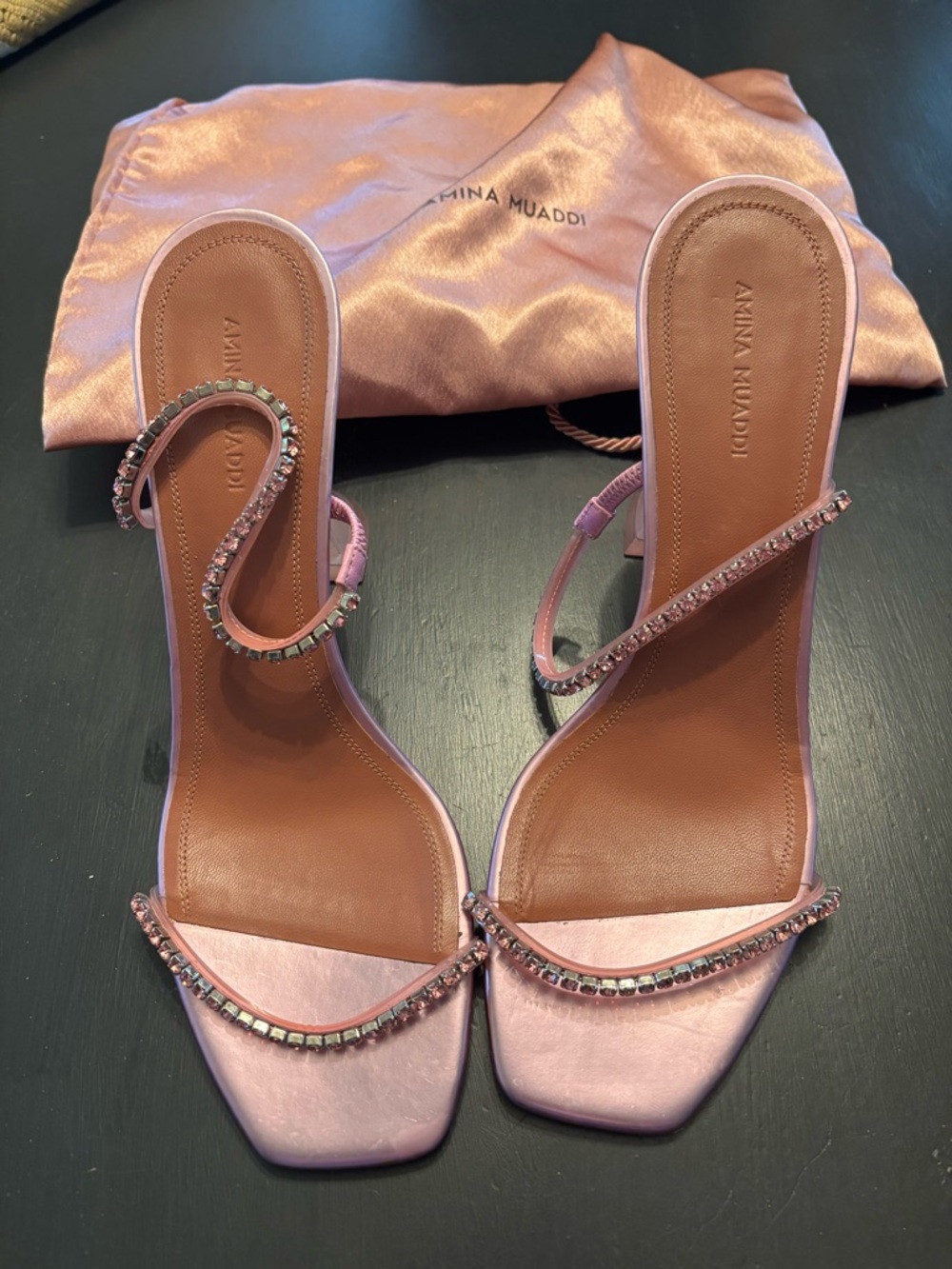 Amina Muaddi Pink Glinda Crystal-Embellished Satin Heels